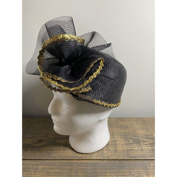 Black Woven Mesh Pillbox Hat Gold Trim bow Elegant Church Formal kentucky derby - Picture 1 of 7